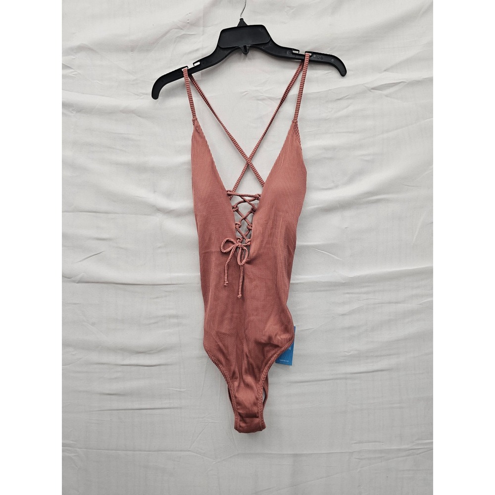 Cupshe Womens Ribbed Lace Up One Piece‎ Swimsuit Pink Polyester Blend Size Small